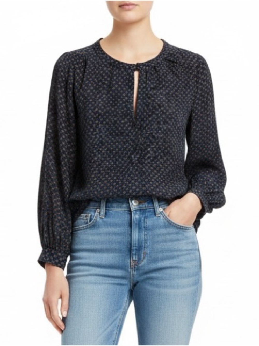 PAIGE Navy Printed Long-Sleeve Keyhole Top